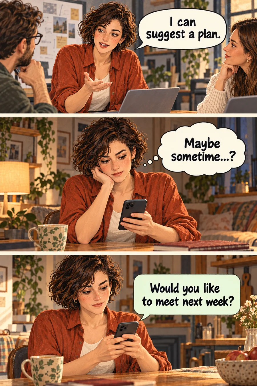 Three comic panels show a woman suggesting a plan at work, hesitating over a personal message, then asking clearly to meet next week.