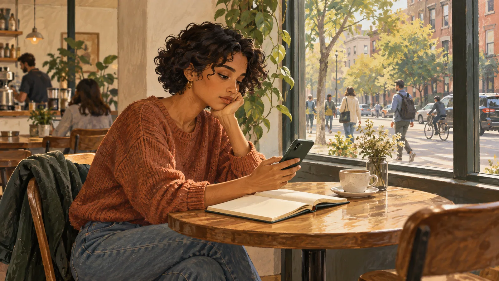 A person pauses over an unanswered message at a café table.