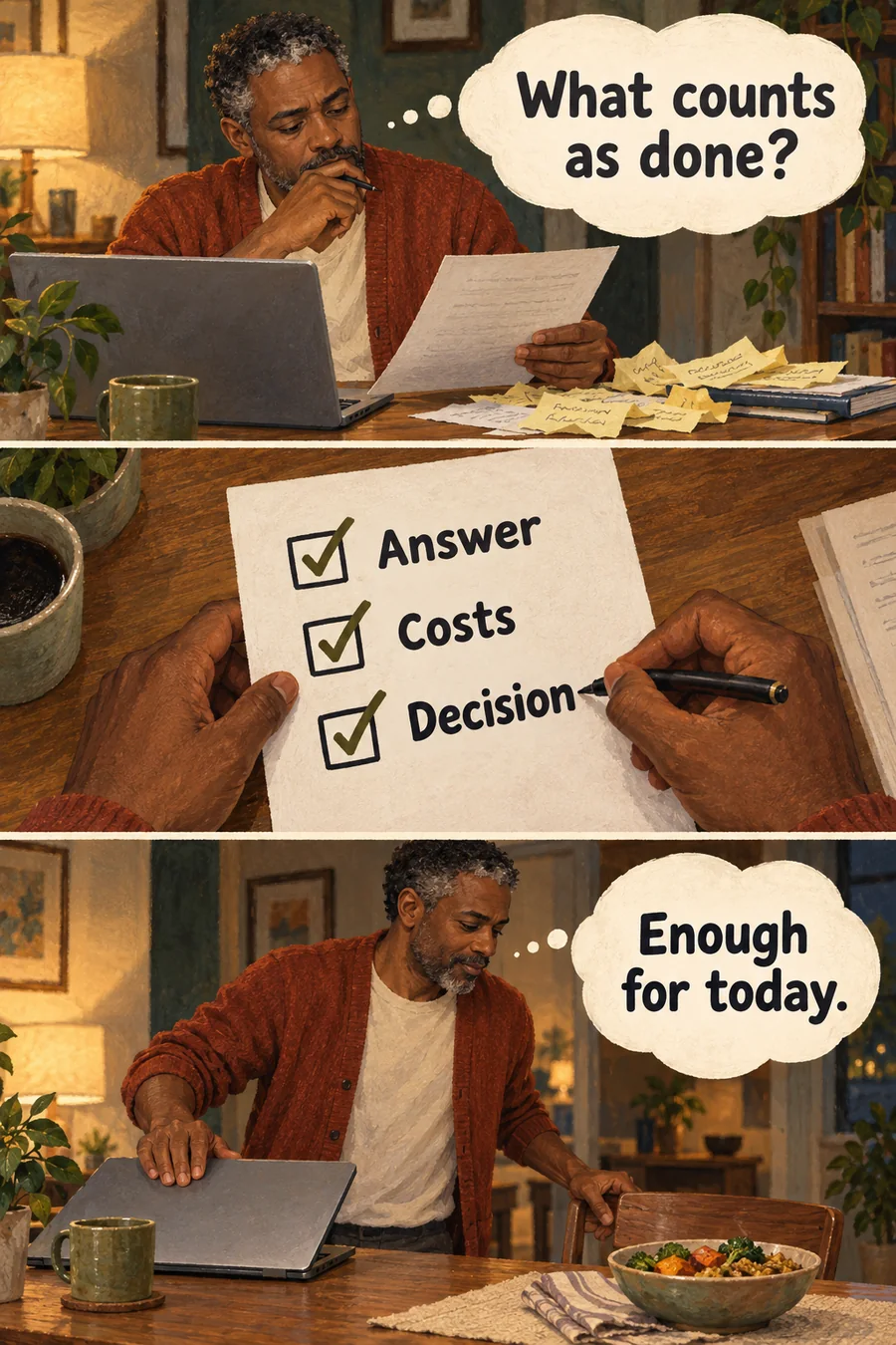 Three-panel comic: a man defines a finished proposal with an answer, costs and a decision, then stops for the evening.