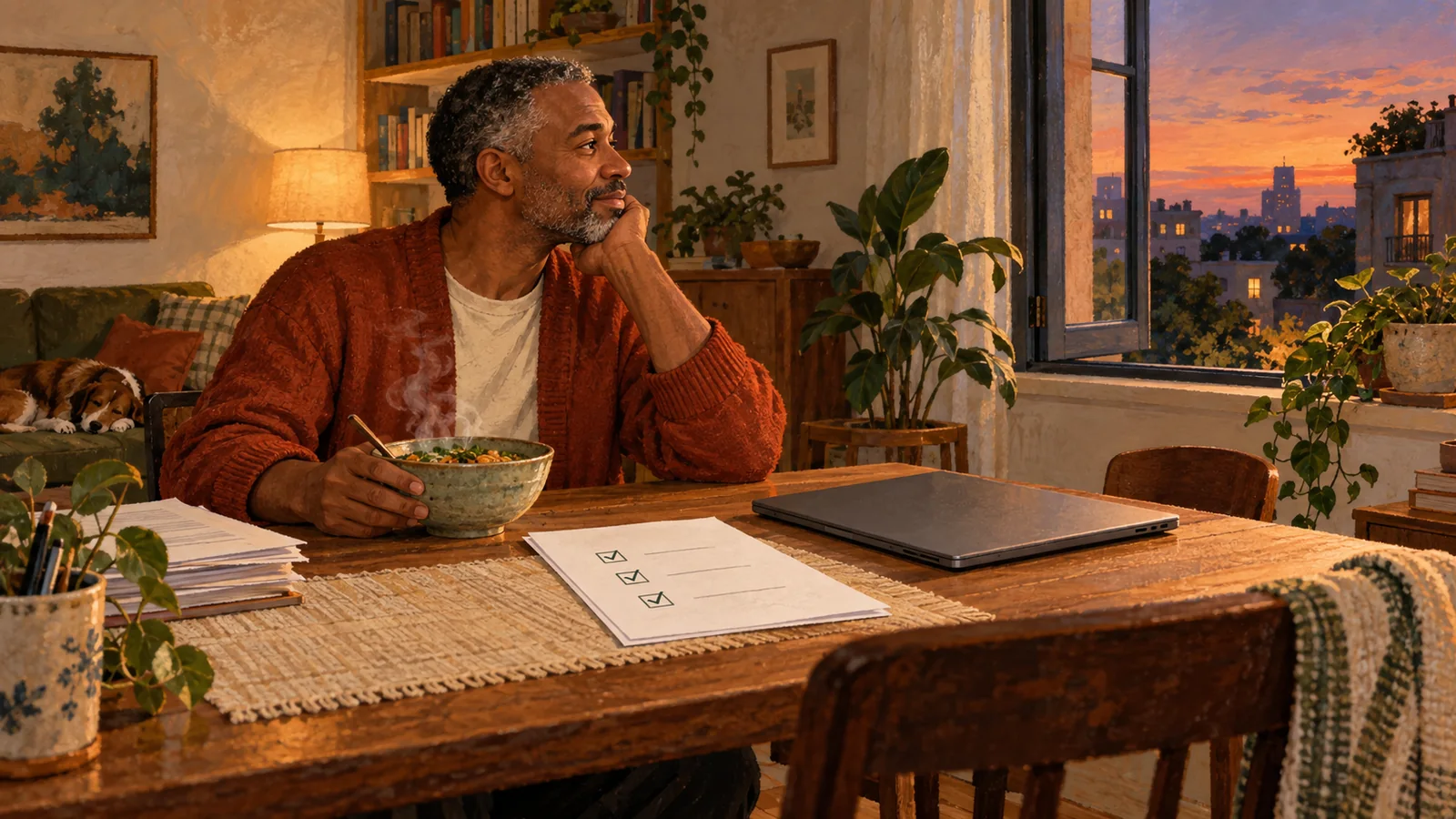 A man pauses for dinner beside a closed laptop and a completed checklist.