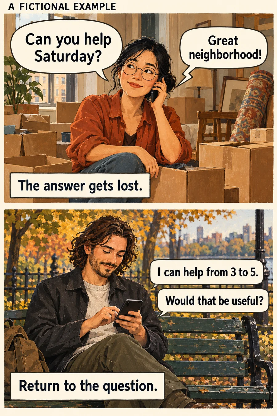 Two-panel fictional conversation moves from a sidetracked request to a specific offer of help.