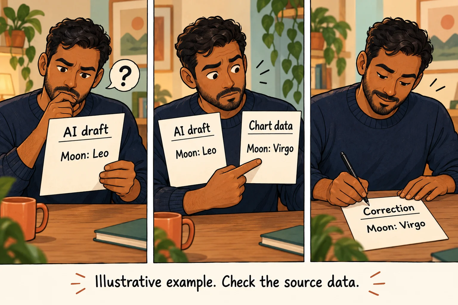 Three-panel illustrative comic: an AI draft says Moon in Leo, source chart data says Moon in Virgo, and the reader corrects the draft.