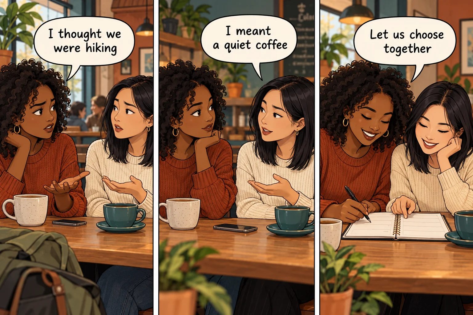 Three-panel fictional example of friends clarifying a hiking-versus-coffee misunderstanding and choosing a plan together.