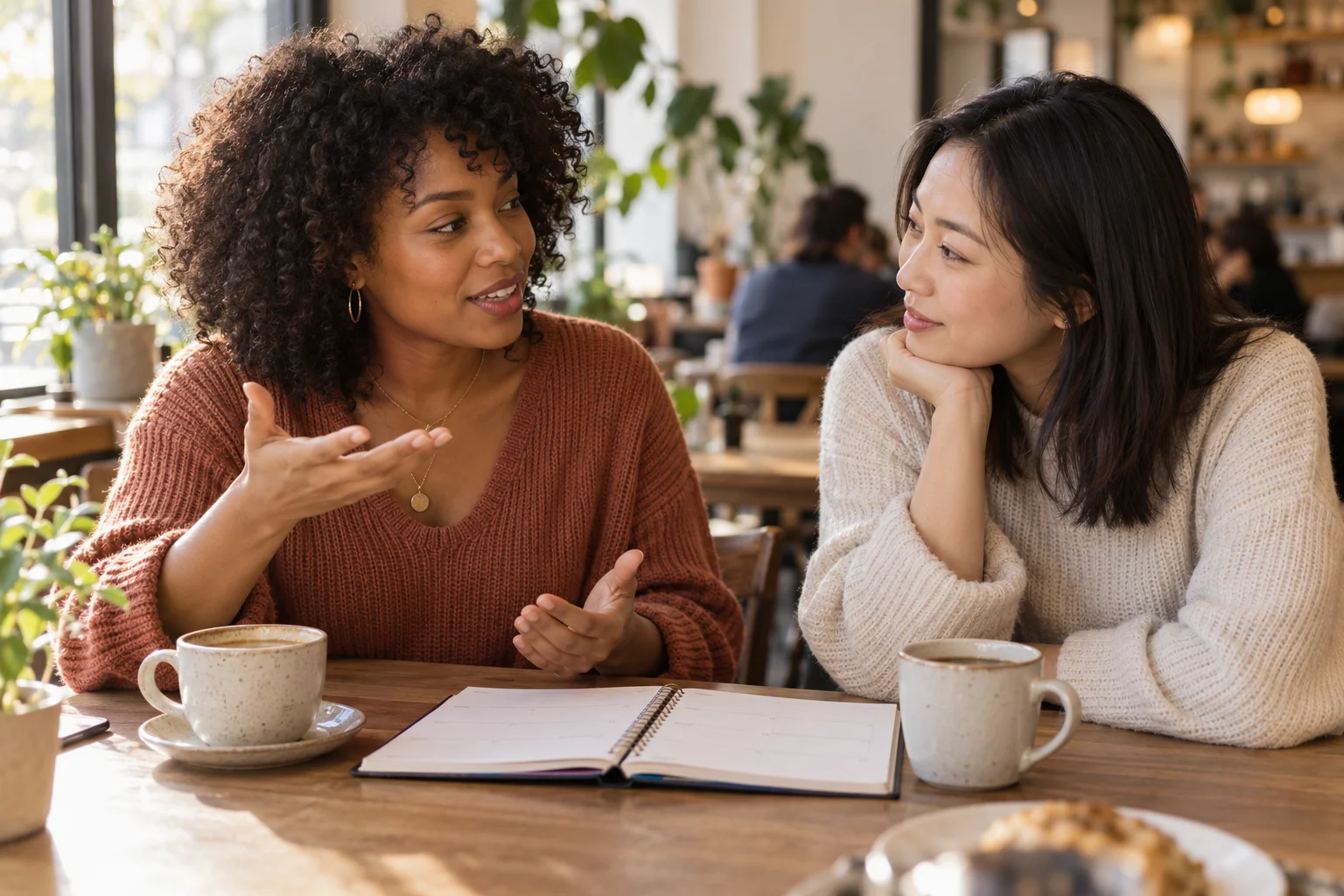 Two adult friends discussing plans over coffee with an open planner between them.