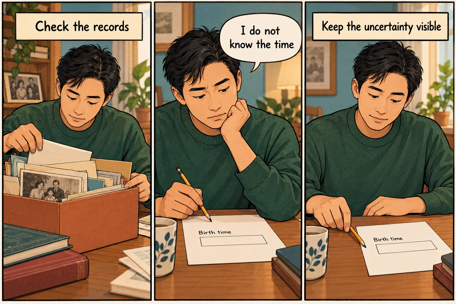 Three-panel comic: an adult checks family records, acknowledges an unknown birth time, and leaves the time field blank.