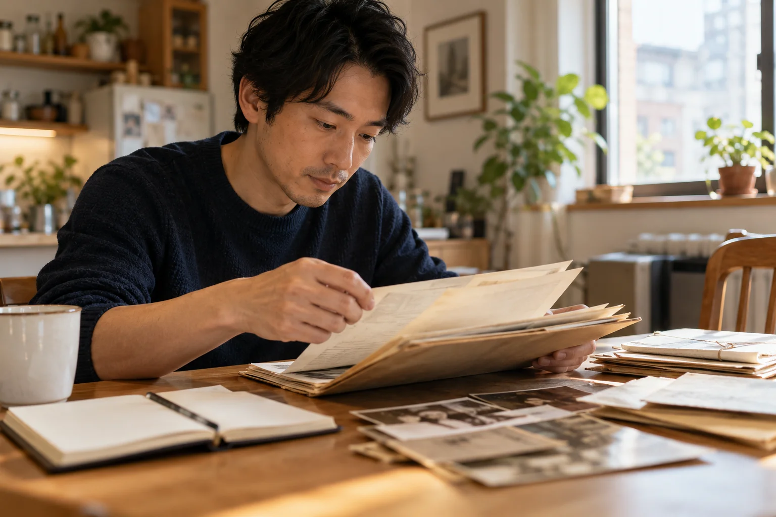 Adult looking through a folder of family papers while searching for a missing birth time.