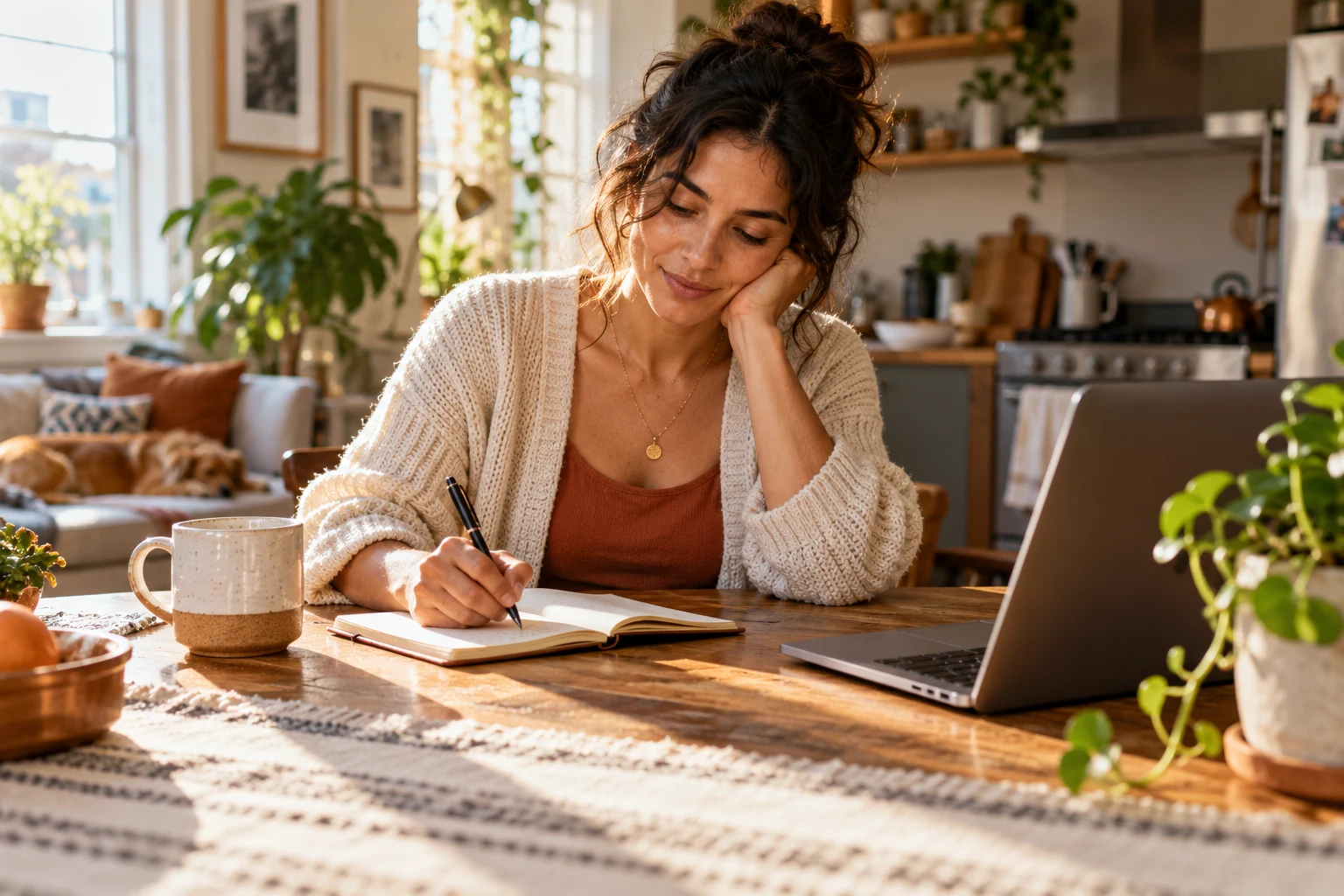 Woman writing a reflection question beside a laptop at a sunlit kitchen table.