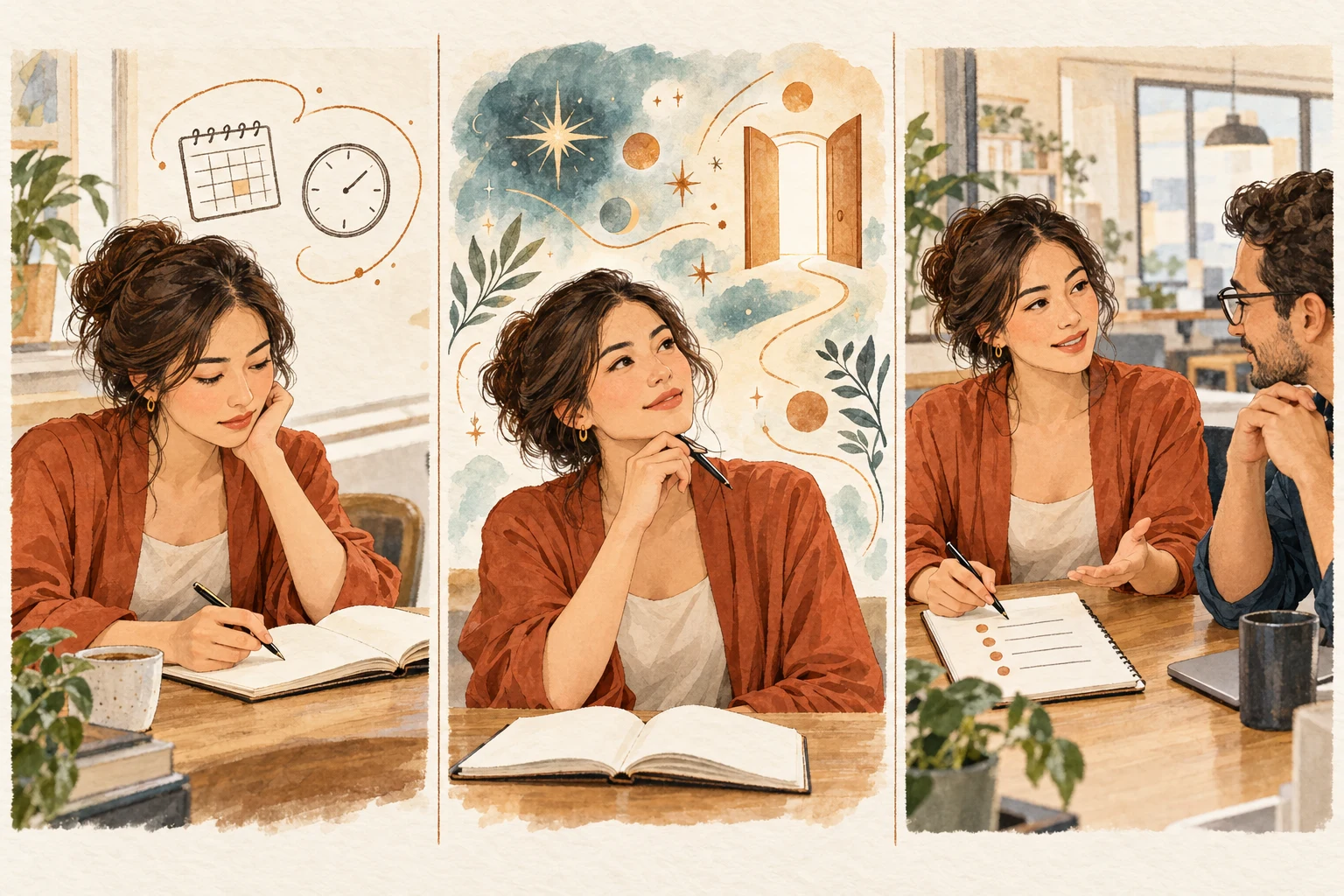 Three-panel illustration of noting birth details, considering symbolic themes, and talking with a coworker.