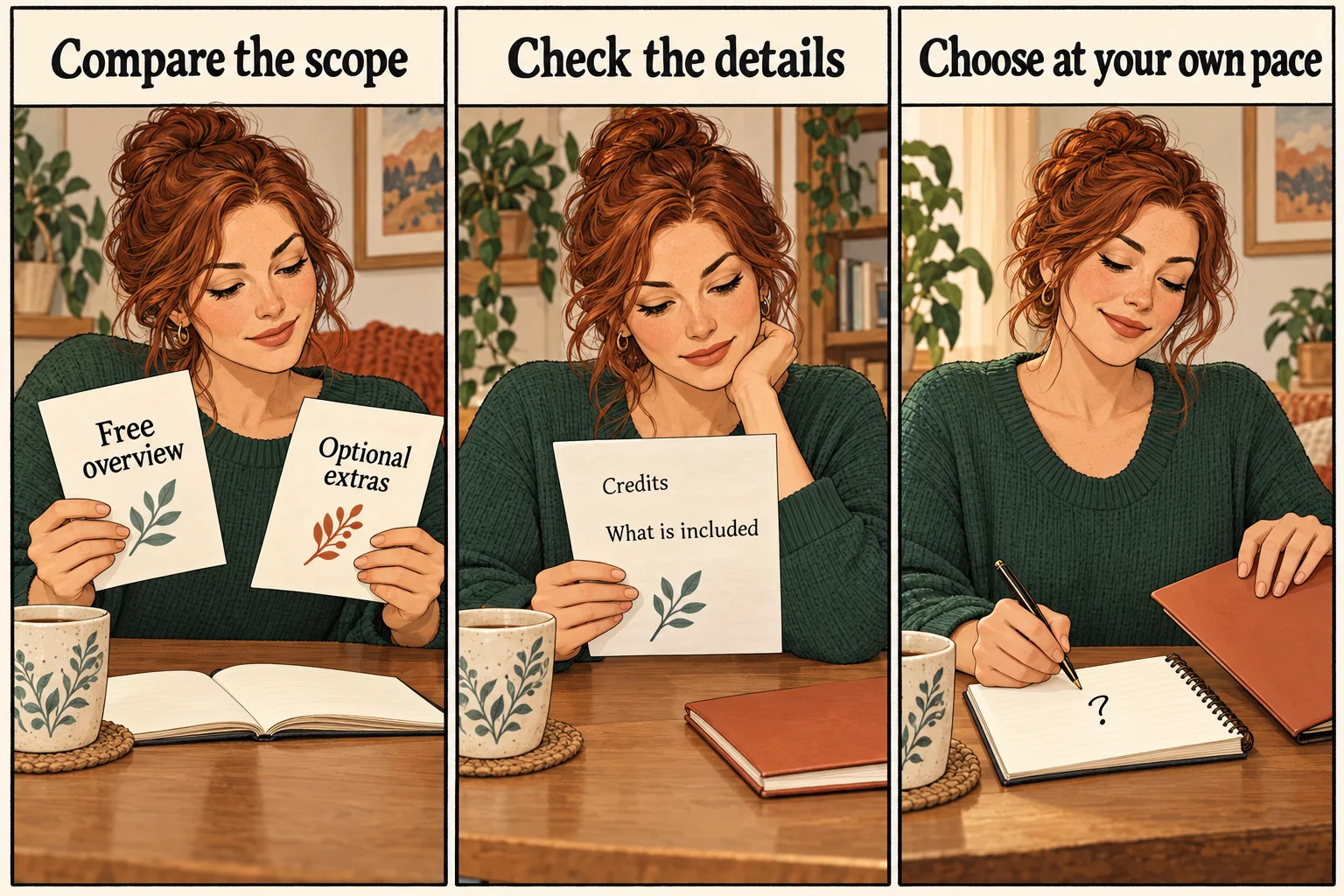 Three-panel comic: a reader compares the free scope and optional extras, checks credits and inclusions, then chooses at her own pace.