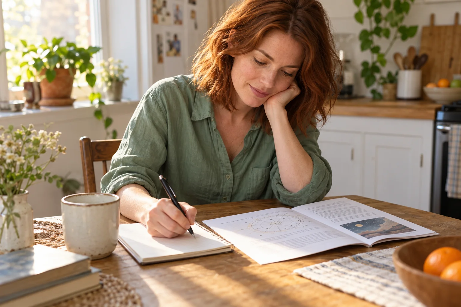 Adult reading a simple chart report and writing one question in a notebook at a sunlit kitchen table.