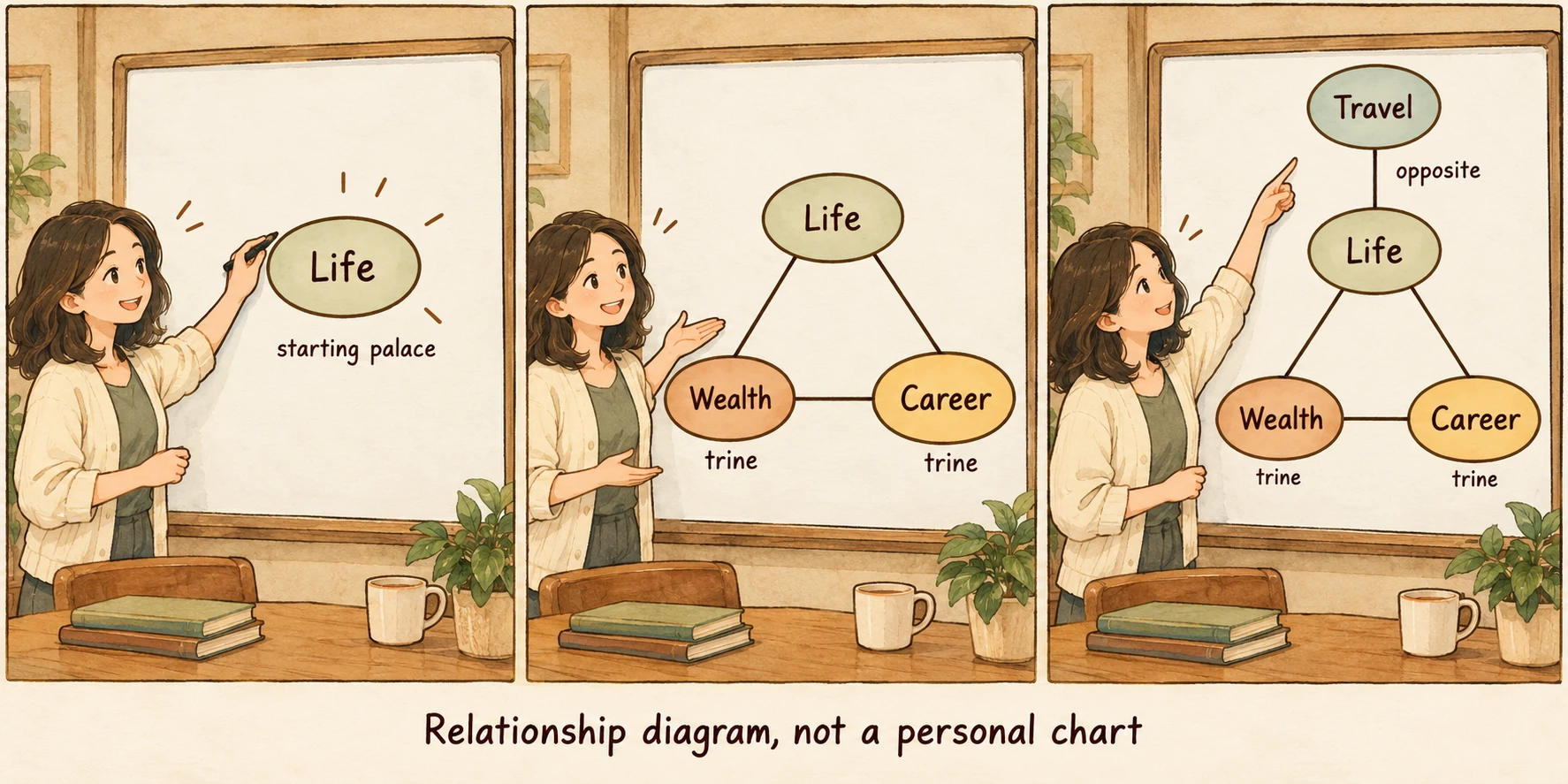 A three-panel comic adds Wealth and Career as trines of Life, then Travel as Life’s opposite.