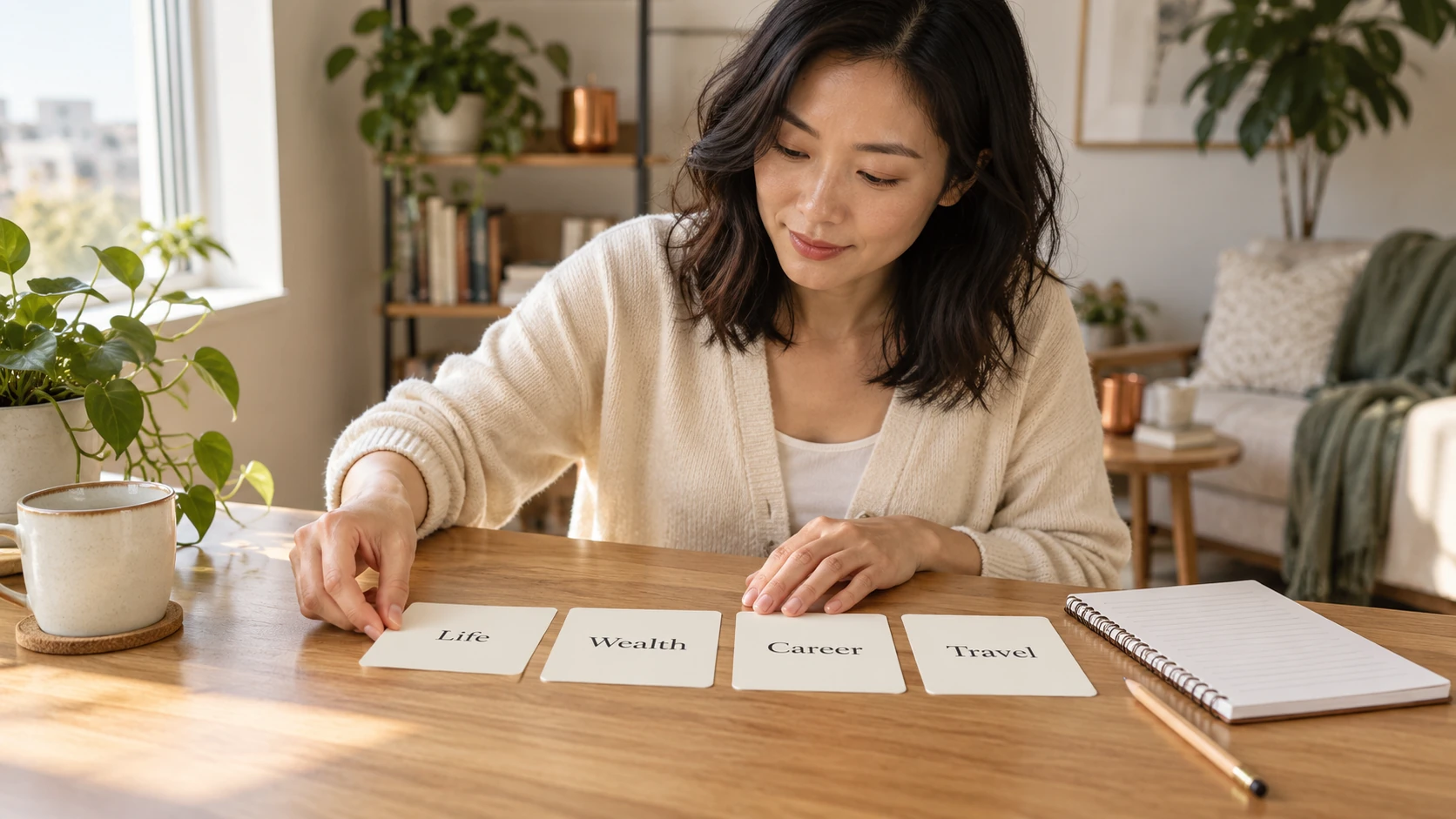 Four cards representing connected Zi Wei Dou Shu palaces arranged beside a reading notebook
