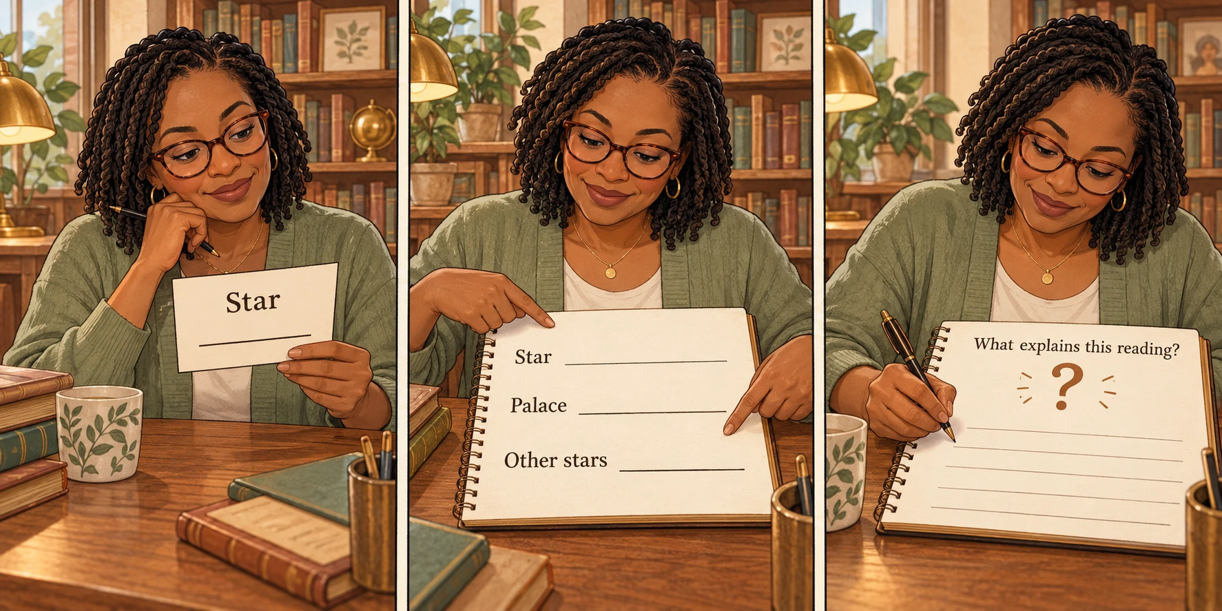 A reader checks a star name, adds its palace and companion, then writes a question