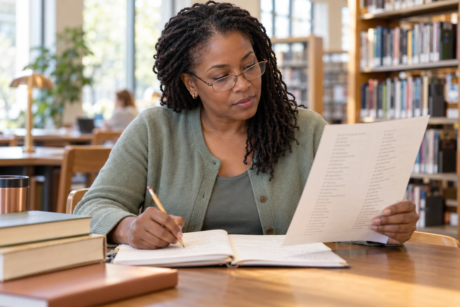 An adult comparing a star-name reference with handwritten study notes at a library desk