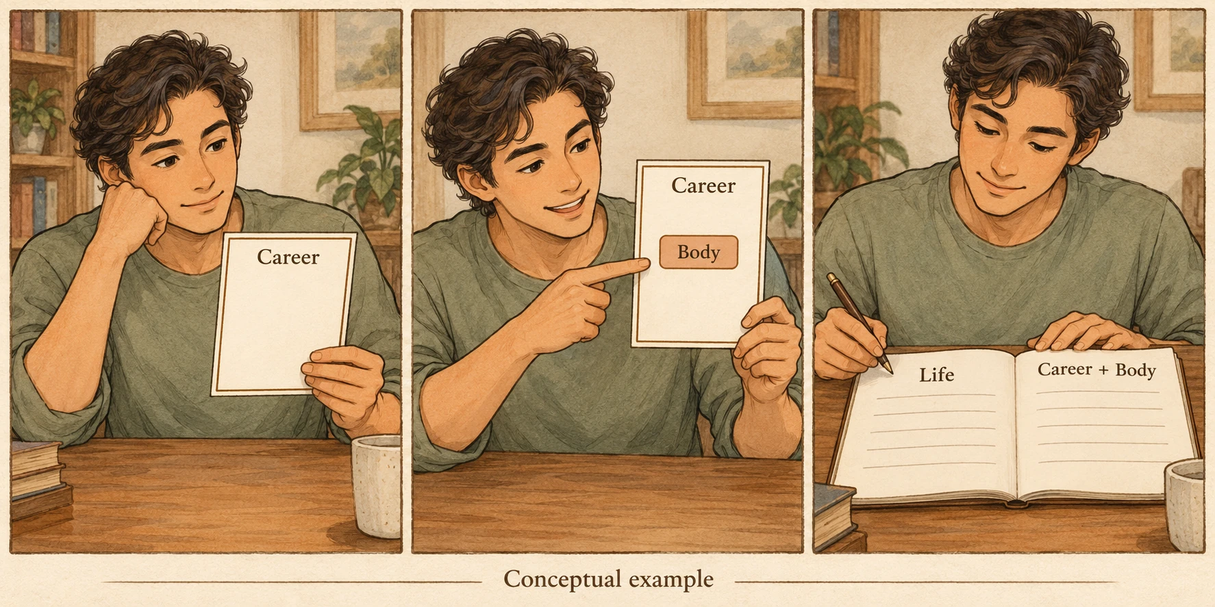 Three-panel illustration showing a Body label added to an existing palace, then compared with the Life Palace.