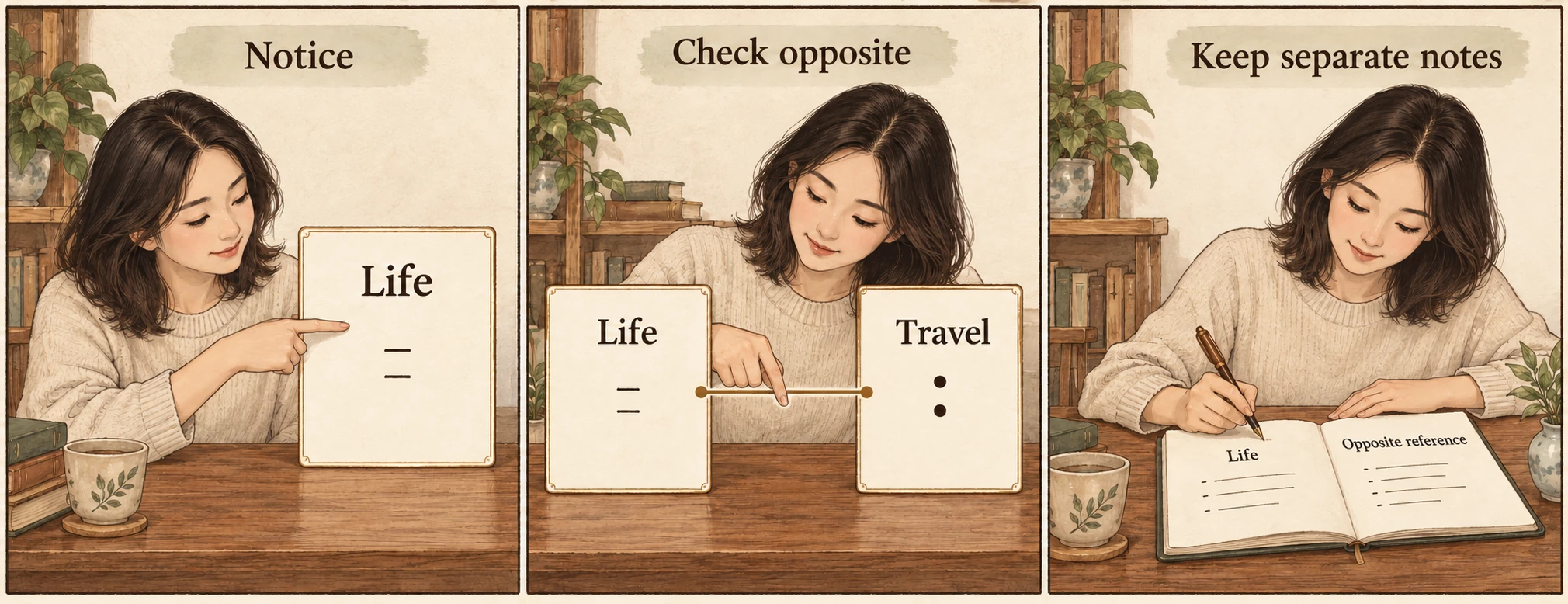 Three-panel illustration of noticing an empty palace, checking its opposite, and keeping separate reading notes.
