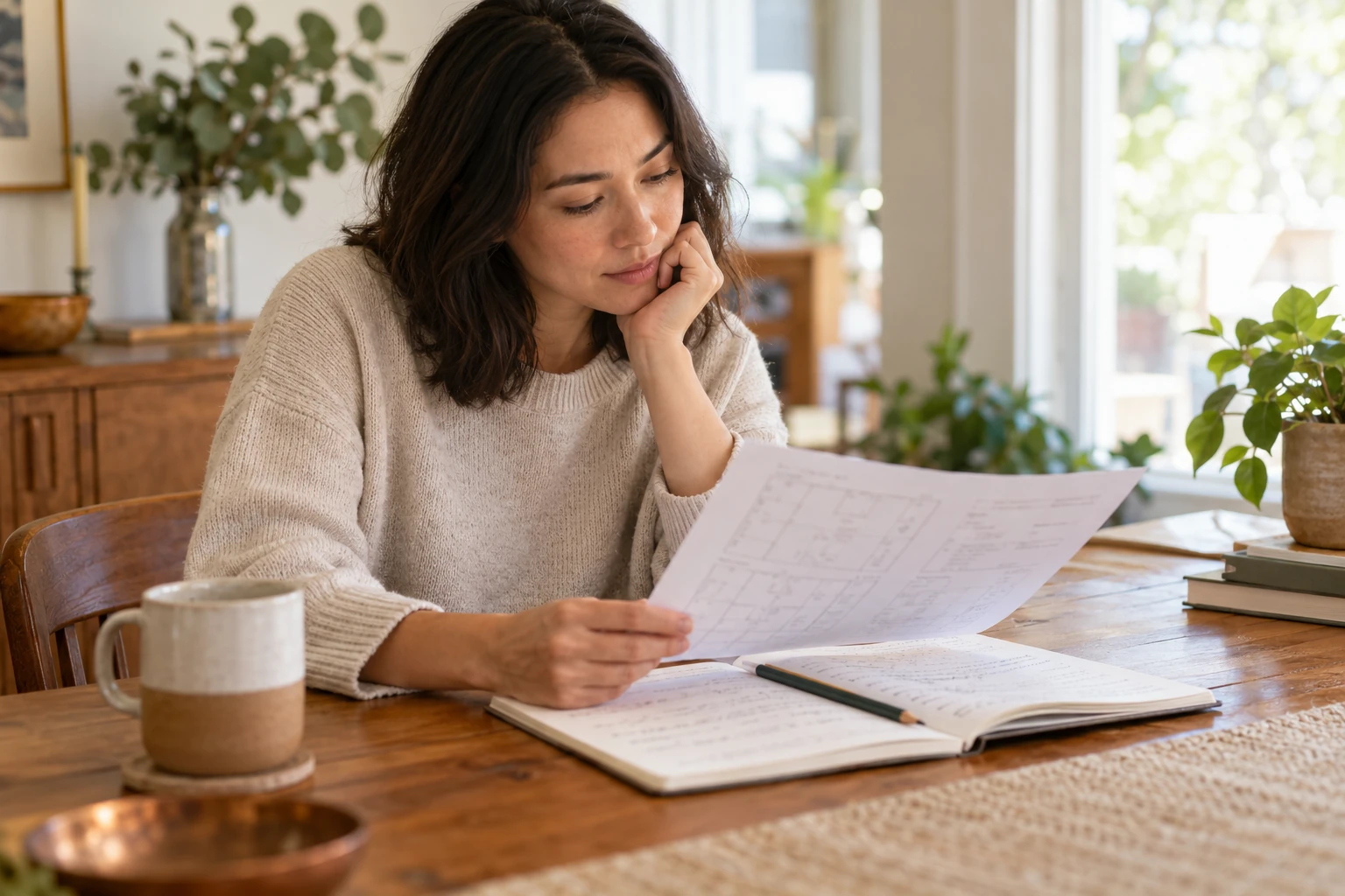 A reader comparing a Zi Wei Dou Shu chart with a notebook of questions.