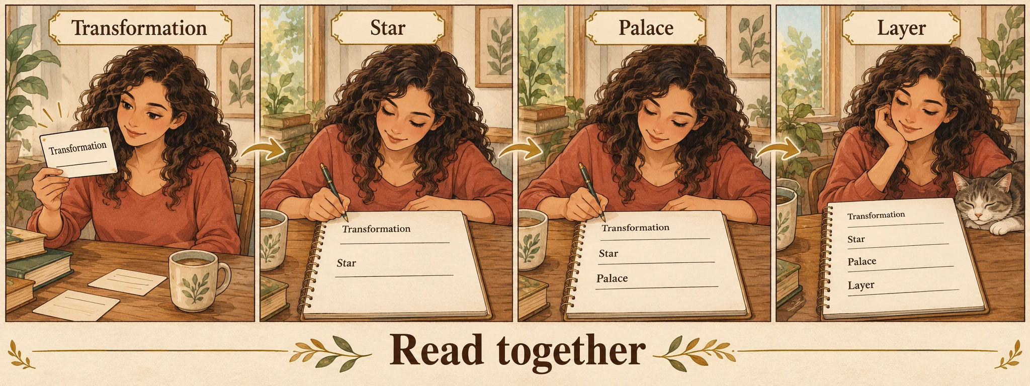 Four panels show a reader noting a transformation, star, palace, and chart layer
