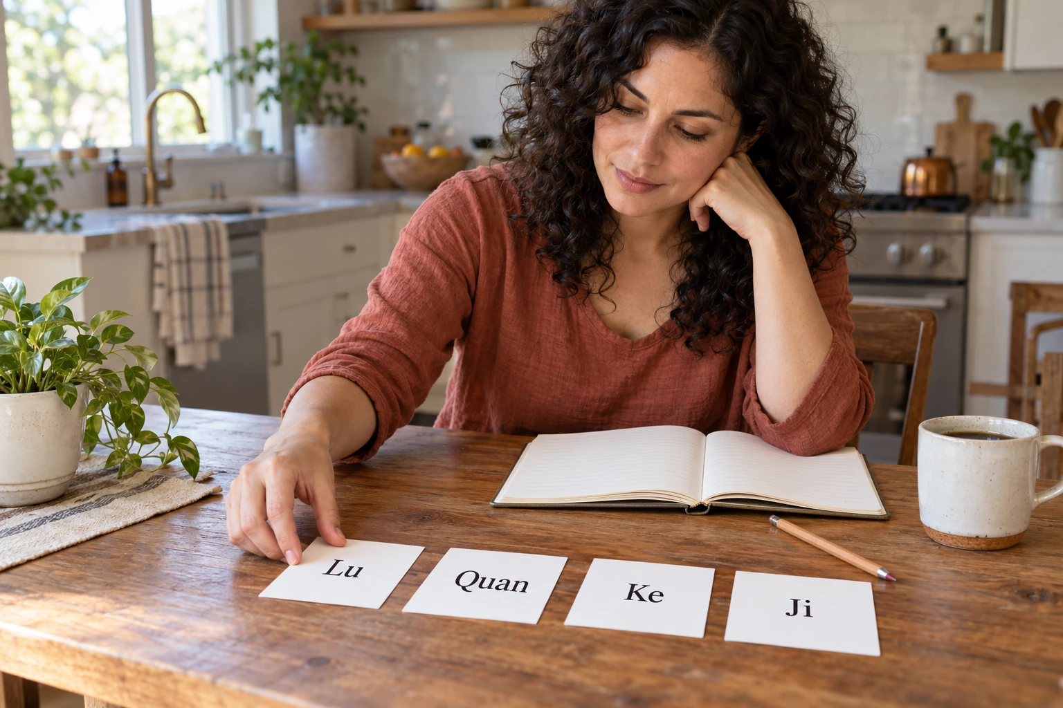 A reader organizing four labeled study cards beside a notebook at a kitchen table