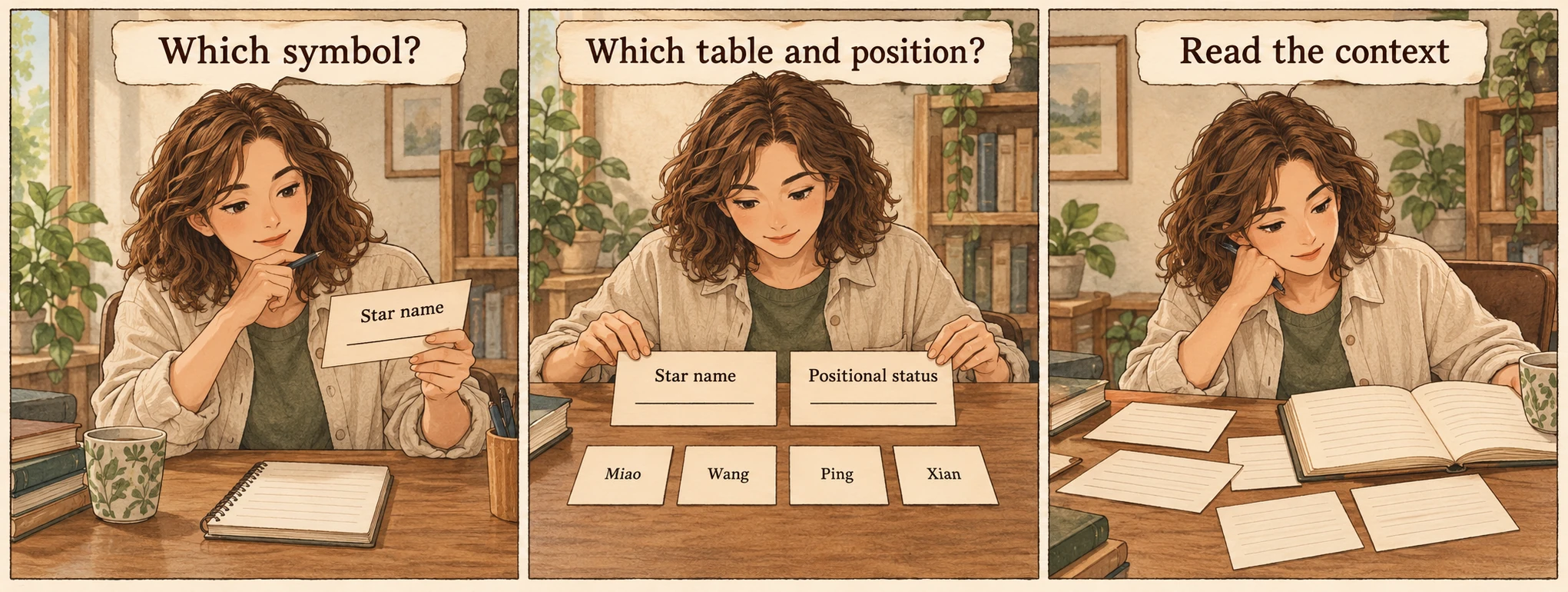 A three-panel comic separates a star name, its positional status label, and the wider reading context.