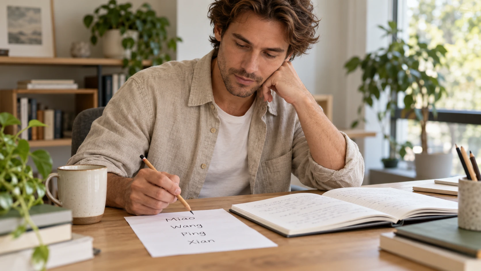 An adult comparing a handwritten glossary with a reading notebook at a quiet desk.