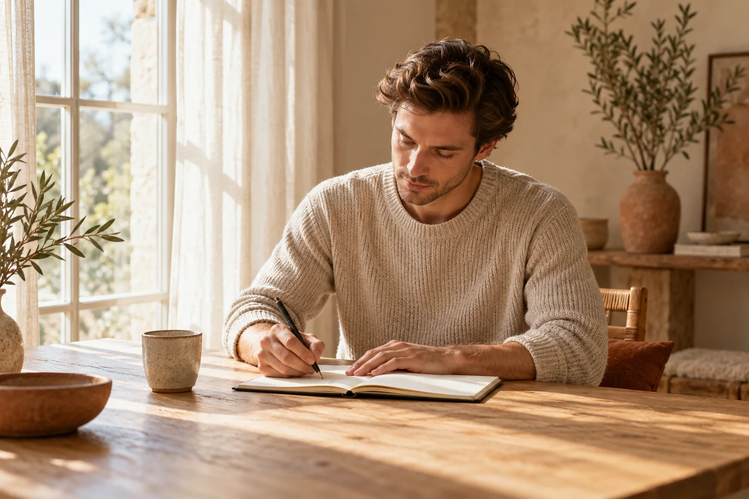 A quiet moment of reflection with an open notebook beside a sunlit window